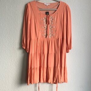 NWT Miss Me Orange Crinkle 3/4 Sleeve Tiered Dress  Embroidered Beaded Rodeo